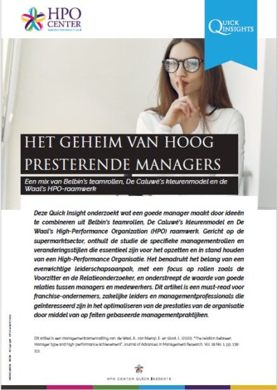 HET GEHEIM VAN HOOG PRESTERENDE MANAGERS -
een mix van Belbin’s teamrollen, De Caluwé's kleurenmodel en de Waal’s HPO-raamwerk